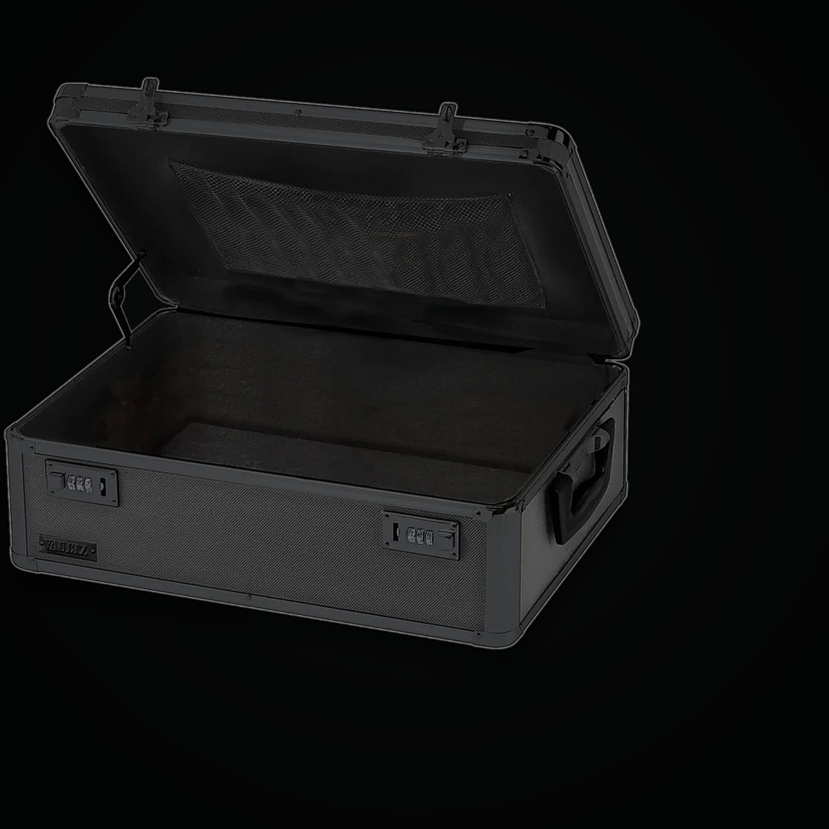 Open black protective vault shown without the artwork visible